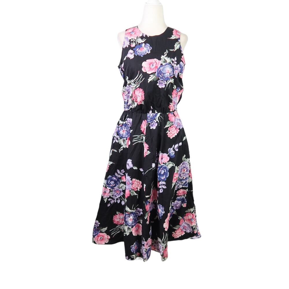 Vintage 90s Moda Intl black pink purple floral print a-line midi dress M
